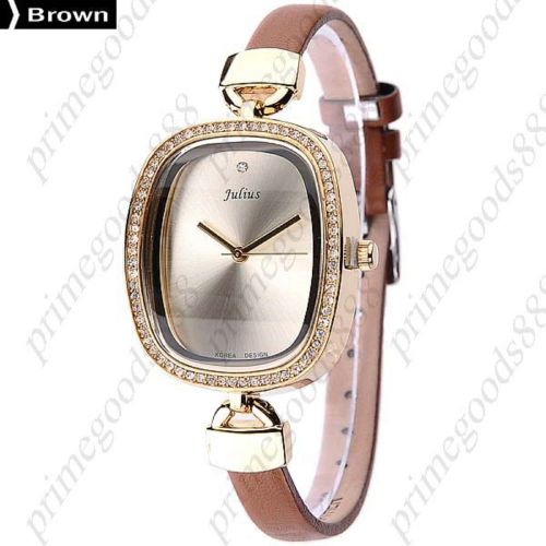 PU Leather Ellipse Quartz Analog Wrist Lady Ladies Wristwatch Women&#039;s Brown