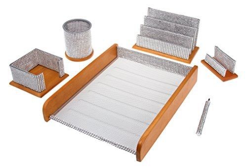 Office Supply Silver Mesh and Wood Desk Set (M27-SLVRMW)