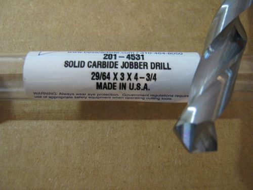 29/64&#034; (.4531) JOBBER (STD) CARBIDE 25 deg HELIX 118 deg SPLIT PT DRILL &#034;NEW&#034;