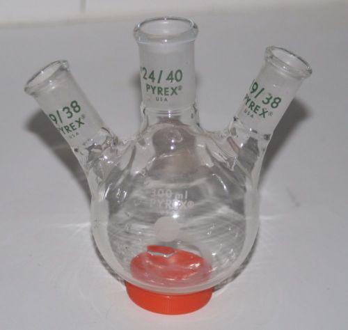 Pyrex glass 300 ml round bottom 3-neck flask - 24/40 ctr 19/38 sides for sale