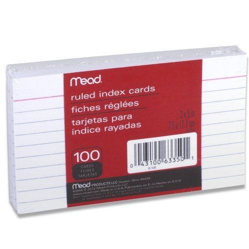 Mead index cards, ruled, 3 x 5 inch, white, 100 per pack (63350) new for sale