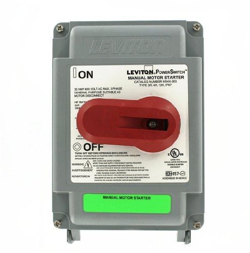 Leviton MS4X-303 30 Amp, 600 VAC, 3-Pole, Non-Fused Manual Motor Starter,