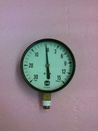 USG US Gauge Dial No 10954 0-30 Vacuum 0-15 Pressure Bottom Connect Gauge