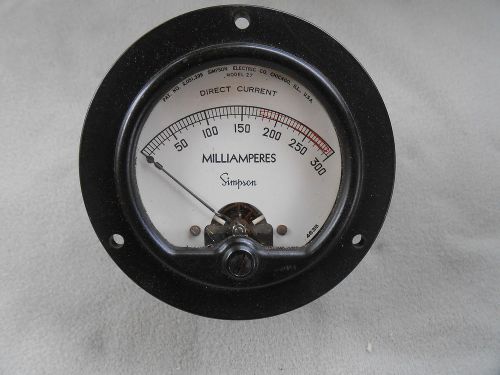 VTG SIMPSON DIRECT CURRENT MILLIAMPERES METER MODEL 27 HAM RADIO 0-300 MILAMPERS