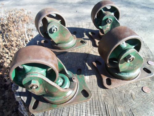 Four Heavy Duty Swivel Casters All Steel Spoked Wheels 4&#034;  X  1 3/4&#034; Steam Punk