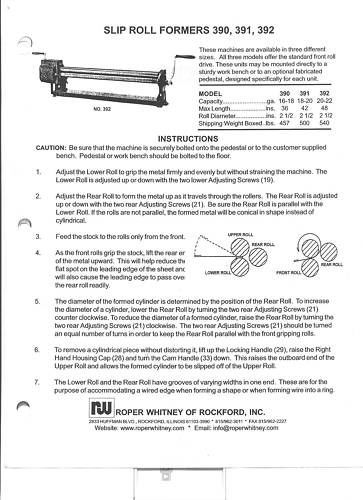 Pexto/Roper Whitney 390, 391 &amp; 392 Owners Manual