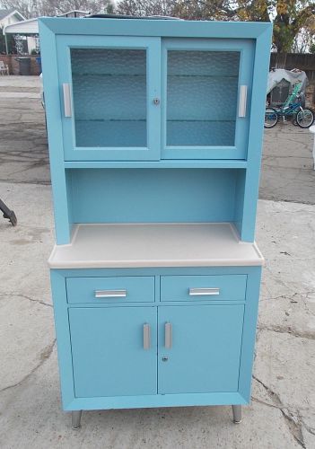 1960&#039;s vintage medical cabinet custom made steel glass light blue doctor dental for sale