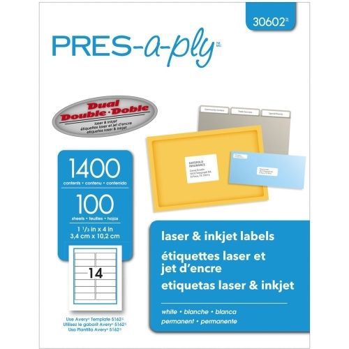 Avery Pres-A-Ply Standard Shipping Label -1.33&#034;Wx4&#034;L - 1400/Box -Laser