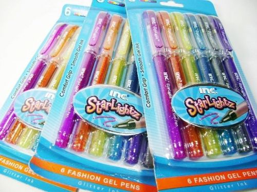 3 x 6 Pack STARLIGHTZ GLITTER GEL 18 PENS 1mm Comfort Grip Inc Bright Color Clip