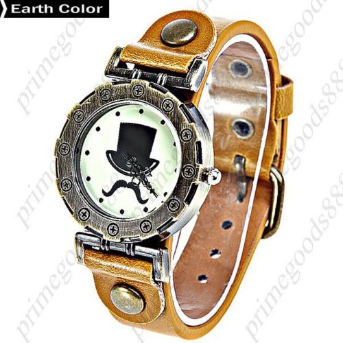 Mustache top hat round case quartz lady ladies wristwatch women&#039;s earth color for sale