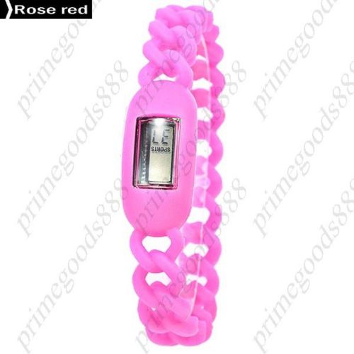 Sports LCD Digital Sport Silica Gel Band Free Shipping Wrist Wristwatch Rose Red