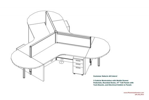 SET OF 3 OFFICE CUBICLES SYSTEMS WORKSTATIONS Round Desks Electric Plugs Drawers