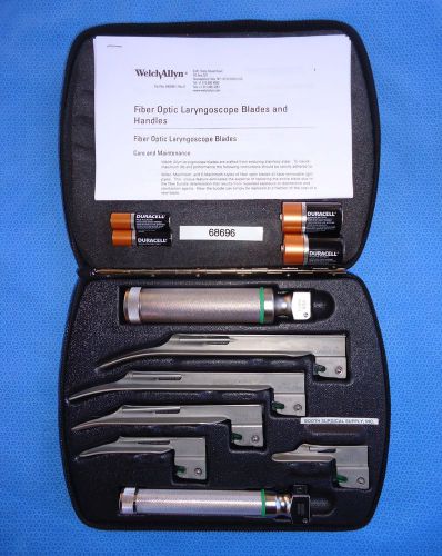 WELCH ALLYN #68696 MILLER FIBER OPTIC LARYNGOSCOPE SET- 2 HANDLES &amp; 4 BLADES