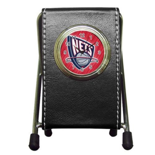 Custom New Jersey Nets Leather Pen Holder Desk Clock (2 in 1) Free Shipping