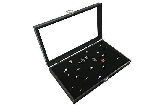 New glass top black jewelry display case 72 slot ring tray for sale