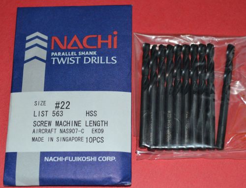 10 Pcs NACHI #22 Screw Machine Length - Aircraft style-Black Oxide HSS Drills