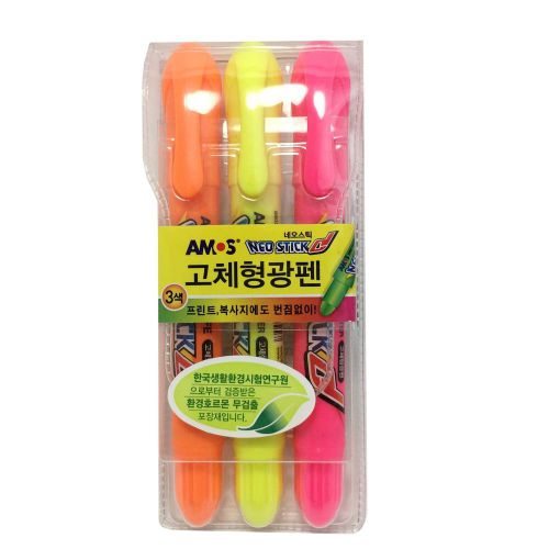 Amos Neo Stick Dry Highlighter Ink Jet Safe, Solid Highlighter - 3 Colors Sets