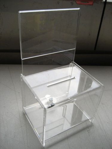 Used Acrylic Suggestion Deposit box, Clear, w/lock but NO key, 6&#034; x 5.75&#034;, w/war