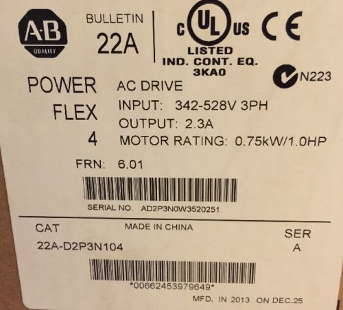 New 2013 in Box Allen Bradley AB 22A-D2P3N104 Powerflex4 Unopened