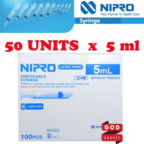 50 x 5ml cc nipro syringe luer lock tip hypodermic sterile latex free no needle for sale