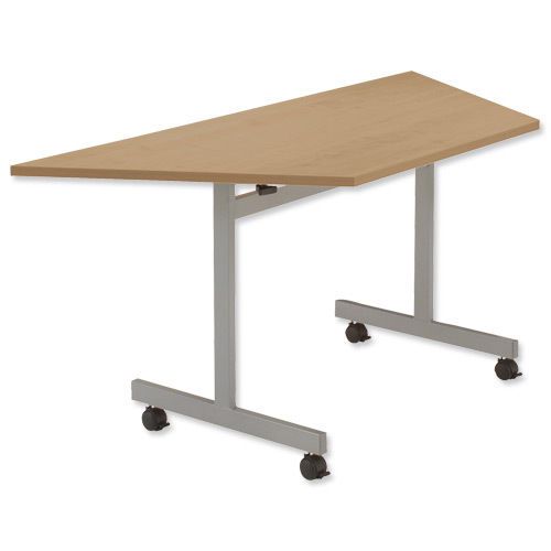 Oak mobile table folding flip top trapezoidal w1600xd800mm school desk office wt for sale