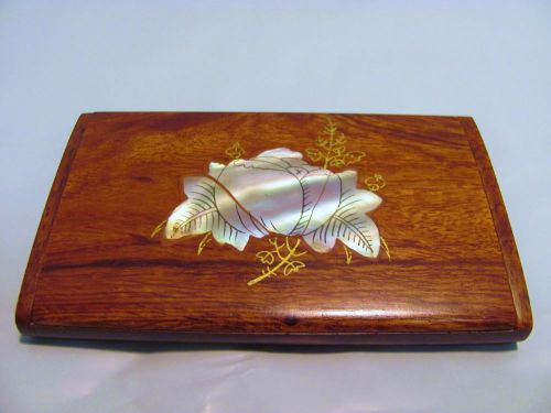 VTG Business Card Carrier Holder Wallet TEAK WOOD MOTHER OF PEARL INLAY Unique