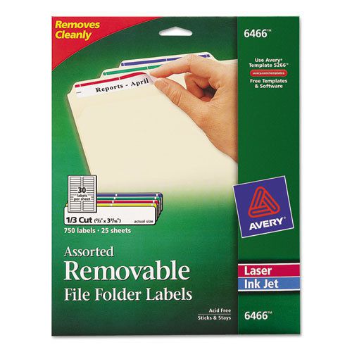 Removable Filing Labels for Inkjet/Laser, 2/3 x 3-7/16, Assorted, 750/Pack