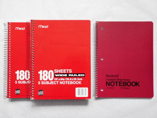 Lot of 3 mead/stockwell 1/5 subject wide ruled spiral notebooks 10.5&#034;x8&#034;  70/180 for sale