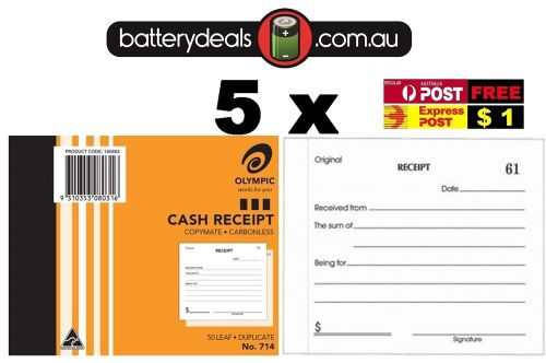 5 Olympic Cash Receipt Books Duplicate No714 Carbonless 50 Leaf 140882 #714