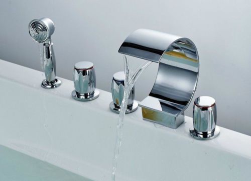 Chrome finished waterfall bathtub faucet widespread 3 handles taps w/hand shower for sale