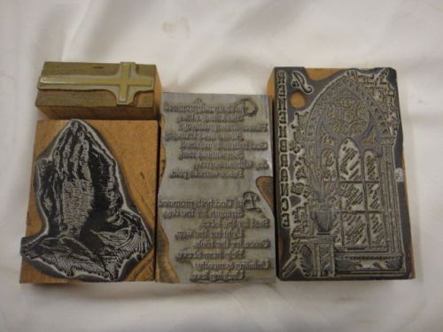 J )  vintage metal/ wood printing press dies 4 lg. religious