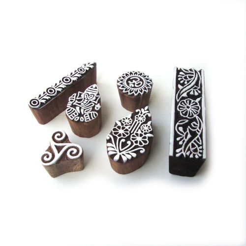 Mix hand carved om sign &amp; floral designs wooden printing blocks (set of 6) for sale