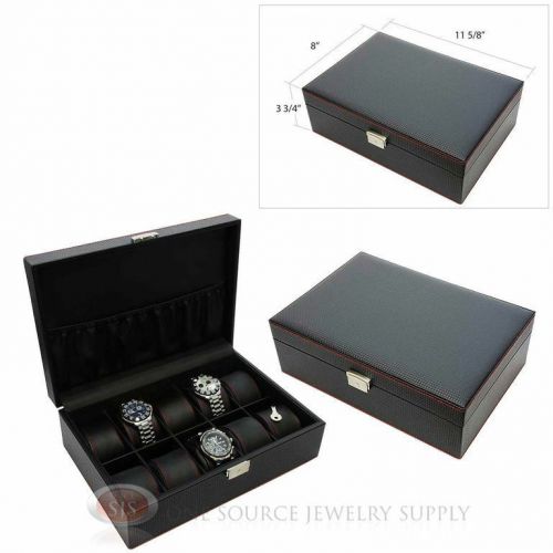 (2) 10 Watch Solid Top Black Carbon Fiber Pattern Faux Leather Cases Displays