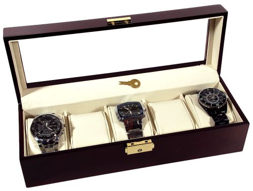 5 Watch Rosewood Display Storage Case Glass Top