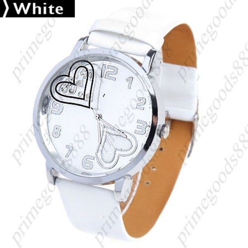 Heart Dial Face Synthetic Leather Strap Quartz Wrist Wristwatch Women&#039;s White