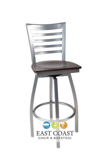 New Gladiator Silver Full Ladder Back Swivel Bar Stool with Walnut Wood Seat