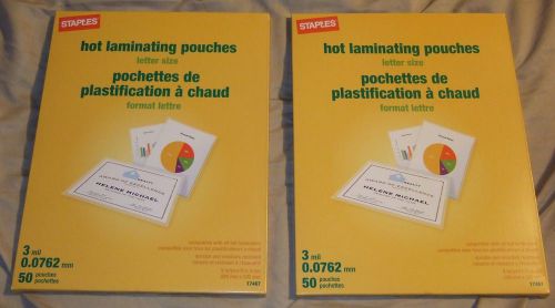 Staples Letter Size Thermal Laminating Pouches 3 mil Lot of 2/50 sheets per pack