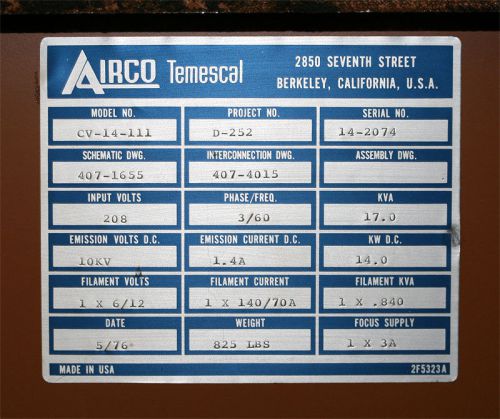 Airco Temescal CV-14 Electron E-Beam Gun Power Supply