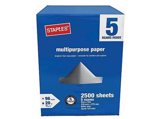 Copy printing paper 8 1/2&#034; x 11&#034; 5 ream halfcase staples multipurpose 2500 pages for sale