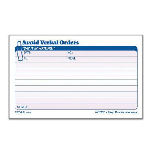 Tops 2 Part Carbonless Avoid Verbal Orders Book Set of 12