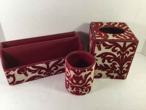 THREE PC. CRANBERRY LEATHER BURLAP DESK SET