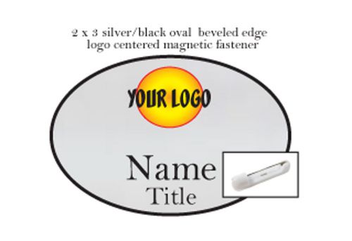1 oval silver / black name badge full color logo 2 lines of print pin fastener for sale