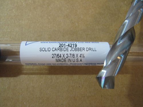 27/64&#034; (.4219) JOBBER (STD) CARBIDE 25 deg HELIX 118 deg SPLIT PT DRILL &#034;NEW&#034;