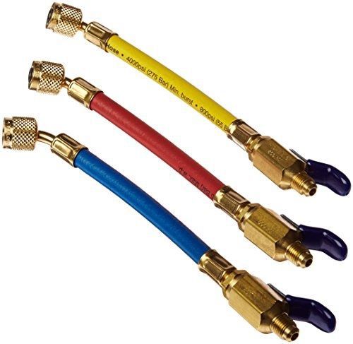 Yellow jacket 25980 9&#034; flexflow and low loss adapter hoses, red/yellow/blue for sale