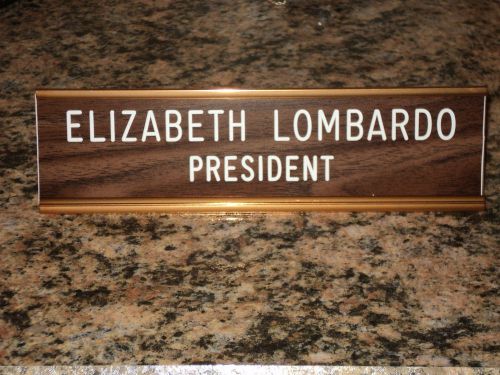 Custom engraved 2&#034; x 8&#034; walnut/white sign with gold desk holder - 2 lines