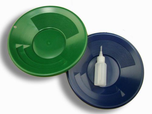 Lot of 2 - 10&#034; Blue &amp; Green Gold Pans w/ Bottle Snuffer-Panning Kit-Mining