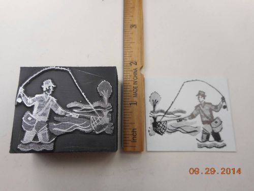 Letterpress Printing Printer Block, Wading Fishing Man nets Fish w Pole