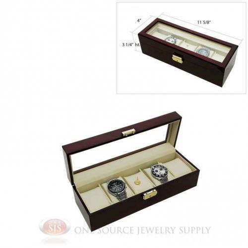 5 Watch Glass Top Rosewood Watch Case with Beige Faux Leather Display Jewelry