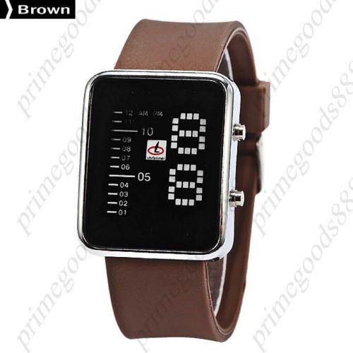 Unisex digital square dial blue led wrist wristwatch silicon band in brown for sale