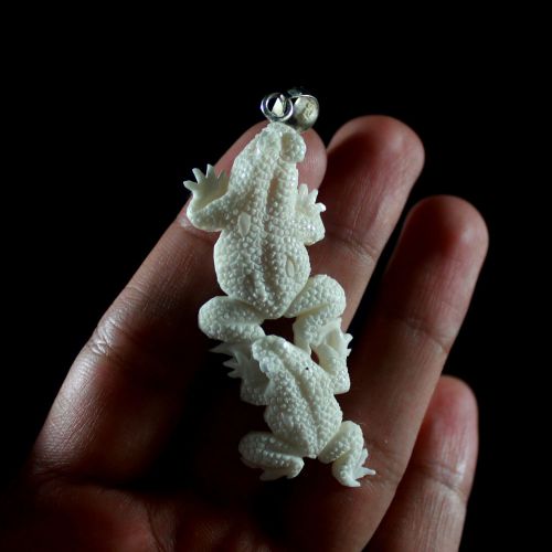 Carved Bone Pendant 2 Frogs 3&#034; Handmade Jewelry w 925 Silver Bail #2